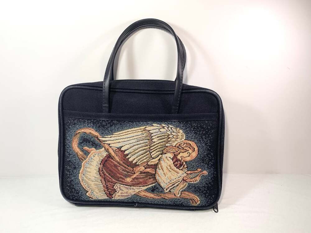 Angel Harp Bible Cover Zippered Carrying Case Tote Handles Blue Tapestry